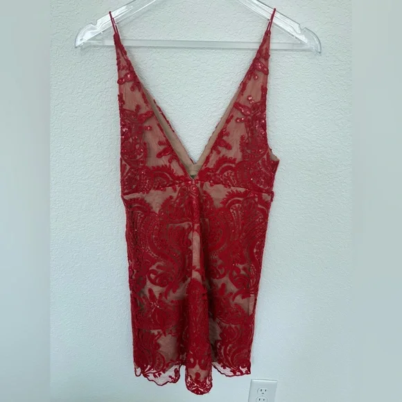 Free People Night Shimmers Mini Dress Red Lace Sequins Plunge V Party Dress - Picture 8 of 11